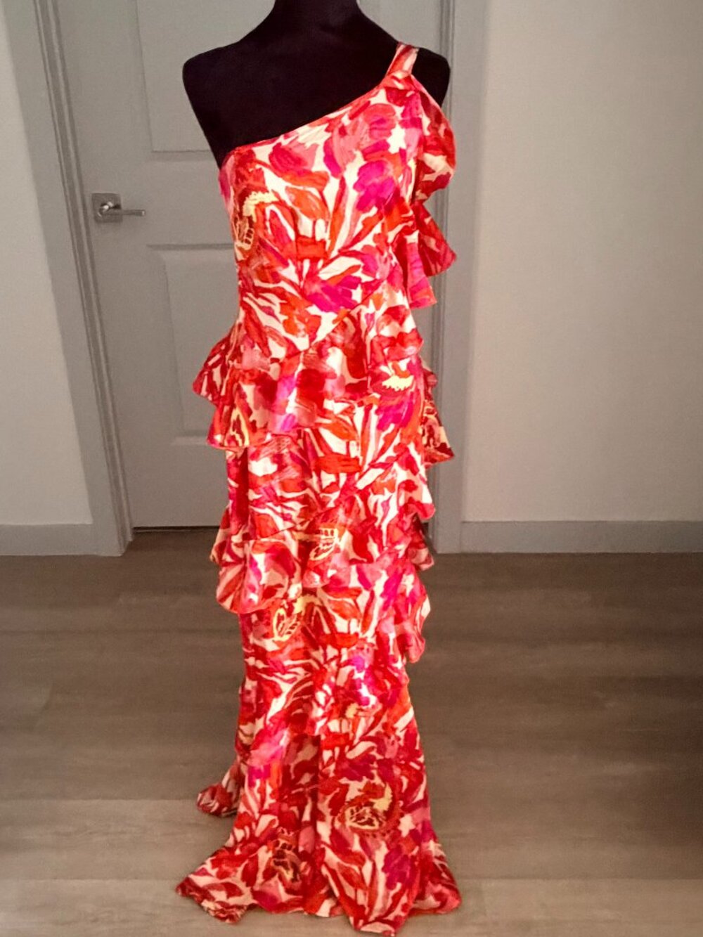 NWT Boohoo One Shoulder Floral Ruffle Maxi Dress Sz 6 Wedding Cocktail Resort
